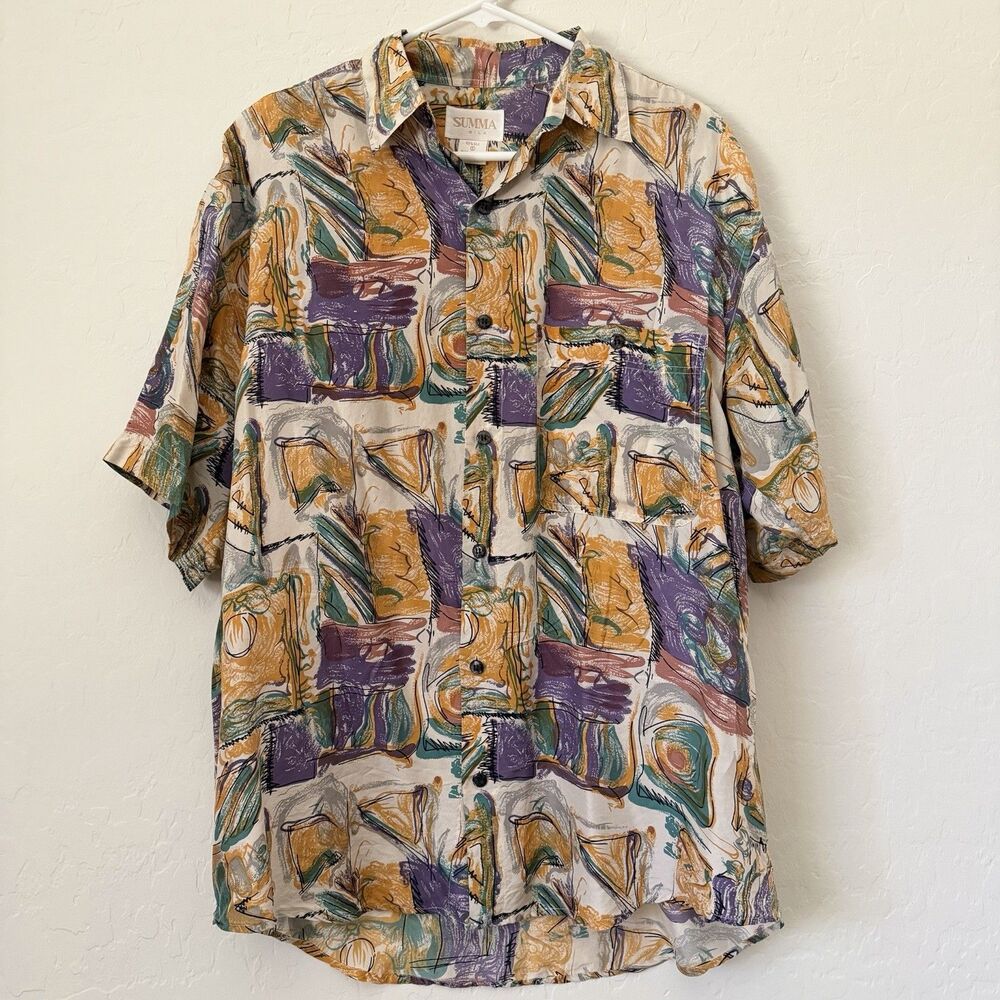 Vintage SUMMA Silk Men’s Large Abstract Print Button Up Shirt 100% Silk 90s Art